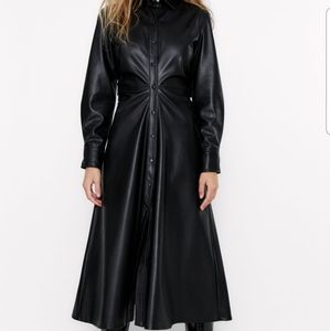 NWT Zara Faux Leather Ruched Midi Dress Black